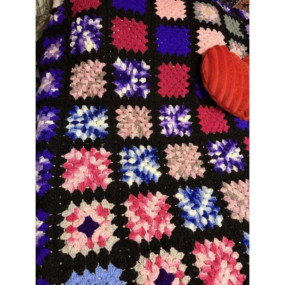 Vtg Granny Sq.Crochet Afghan Cottage Boho Prairie 97x68